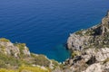 Rock coastline in Greece on island Telendos. Landscape view from hiking path.