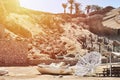 Rock collapse on the beach. Collapsed rock, blocked on visiting the beach by tourists