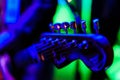 Rock concert of band crew, silhouettes of happy people raising up hands