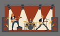 Rock concert. Metal band playing live music on stage illuminated with spotlights. Youth musical festival. Cartoon flat Royalty Free Stock Photo