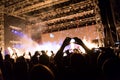 Rock concert, silhouettes of happy people raising up hands