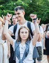 The rock concert was held in Odessa City, Ukraine, an open-air theater called the Green Theater. People on the summer terrace Royalty Free Stock Photo