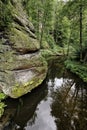 Rock by the curved river in the forest Royalty Free Stock Photo