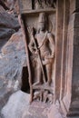 Rock-cut Sculpted Figures of Shiva Guardian with Bull Elephant Cave-1 Badami Cave Temples, Badami, Bagalkot, Karnataka, India