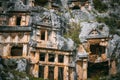 The rock-cut tombs chambers on the south-west slope of the Acropolis. Myra Ancient City. Lycian Tombs. Demre, Antalya, Turkey Royalty Free Stock Photo