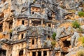 Rock-cut tombs of Lycian necropolis of ancient city of Myra in Demre, Antalya province in Turkey Royalty Free Stock Photo