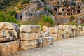 Rock-cut tombs of Lycian necropolis of ancient city of Myra in Demre, Antalya province in Turkey Royalty Free Stock Photo
