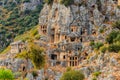 Rock-cut tombs of Lycian necropolis of ancient city of Myra in Demre, Antalya province in Turkey Royalty Free Stock Photo