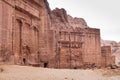 Rock cut tombs in Petra archaeological park at cold winter day