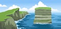 Rock Dan Bristy near Irish coast. Dun Briste sea stack. Landscape with fluffy clouds. Colorful ocean scenic view. Hand