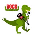 Rock dinosaur. Tyrannosaurus is singing into microphone. Dino T-Rex with an electric guitar. Green toothy Monster sings.