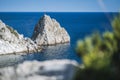 Rock Diva in Simeiz, Crimea. Beautiful black sea shore seascape with mountain cliff, main nature landmark Royalty Free Stock Photo