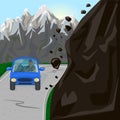 Rock fall on road. Mountain landslide with slide rocks and car on roadway.