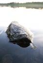 A rock and and a feather in the middle of a lake