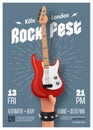 Rock festival invitation printing leaflet template. 3d rock stars hand holding red electric guitar. Music festival flyer Royalty Free Stock Photo