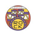 Rock festival logo template. Emblem in line style with abstract drums. Concept of music fest. Creative vector design for