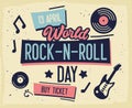 Rock Festival Poster. World Rock-n-Roll Day Banner with Guitar for Flyer, Brochure, Cover. Live Music Concert Design Template