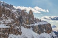 Rock formation called sella towers in the dolomites in south tyrol in winter