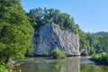 Rock formation and Crisul Repede river at Suncuius village, Bihor county, Romania, on a bright sunny day