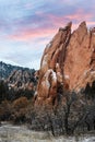 Rock formation with a dusting of snow located at the Garden of the Gods. Royalty Free Stock Photo