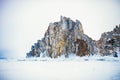 Rock formation at frozen Lake Baikal. Scenic winter landscape Royalty Free Stock Photo