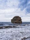 Rock formation at Marsden, South Shields, Tyne and Wear, UK with copy space and circling birds which colonise the rock Royalty Free Stock Photo