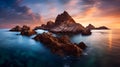 Rock formation in the middle of the ocean. Small island made of rocks.