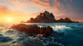 Rock formation in the middle of the ocean. Small island made of rocks.