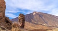 Rock formation Roque cinchado in front of majestic volcano Teide Tenerife, Canary Islands Royalty Free Stock Photo