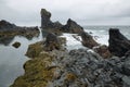 Rock formations in black sand beach of Djupalonssandur