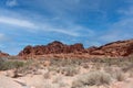 Rock formations of bright red Aztec sandstone behind the harsh, desert landscape with dried out scrub brush, in Nevada