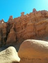 Rock formations on hills with various layers and textures