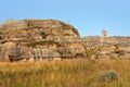 Rock formations in Isalo national park, Ilakaka, Madagascar. Stone statute known as Lady Queen of Isalo on right side Royalty Free Stock Photo