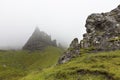Rock formations in mist at the Old Man of Storr on Isle of skye Royalty Free Stock Photo