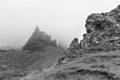 Rock formations in mist at the Old Man of Storr on Isle of skye artistic conversion Royalty Free Stock Photo