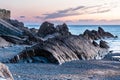 Rock formations on the north coast of Cornwall in the evening light after sunset Royalty Free Stock Photo