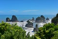 Rock formations and scenic landscape at Motukiekie Beach in New Zealand