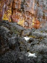 Rock formations and snow in the Lava Beds National Monument caves of the northern Sierra Nevadas