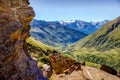 Rock framed view on mountains and valley in Ponte di Legno, Case Royalty Free Stock Photo