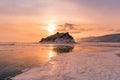 Rock on frosting ice lake Baikal russia Royalty Free Stock Photo