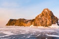 Rock on frozen water lake in Baikal Russia winter season Royalty Free Stock Photo