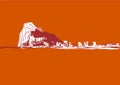 Rock of Gibraltar graphic in orange/red tones