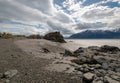 Rock gravel and mud beach at low tide at Beluga Point near Anchorage Alaska USA