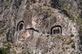 Rock graves Kaya mezarlari in Turkish on hill in Amasya city, Turkey