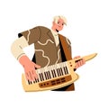 Rock group member hold keytar. Keyboardist with keyboard guitar perform solo. Musician performer study to play on retro