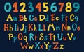 Rock grunge graffiti stamp abs, numbers. Vector English Alphabet in cartoon hand-drawn brush style. Colorful letters on