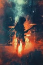 Rock guitarist playing on the stage in smoke. Rock music poster concept illustration.