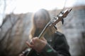 Rock guitarist on the steps. A musician with a bass guitar in a Royalty Free Stock Photo