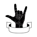 Rock on hand creative sign with ribbon, music emblem, rock n roll, hard rock, heavy metal, music, detailed black and white vector Royalty Free Stock Photo