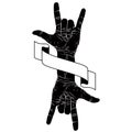Rock on hand creative sign with two hands an ribbon, music emblem, rock n roll, hard rock, heavy metal, music, detailed black and Royalty Free Stock Photo